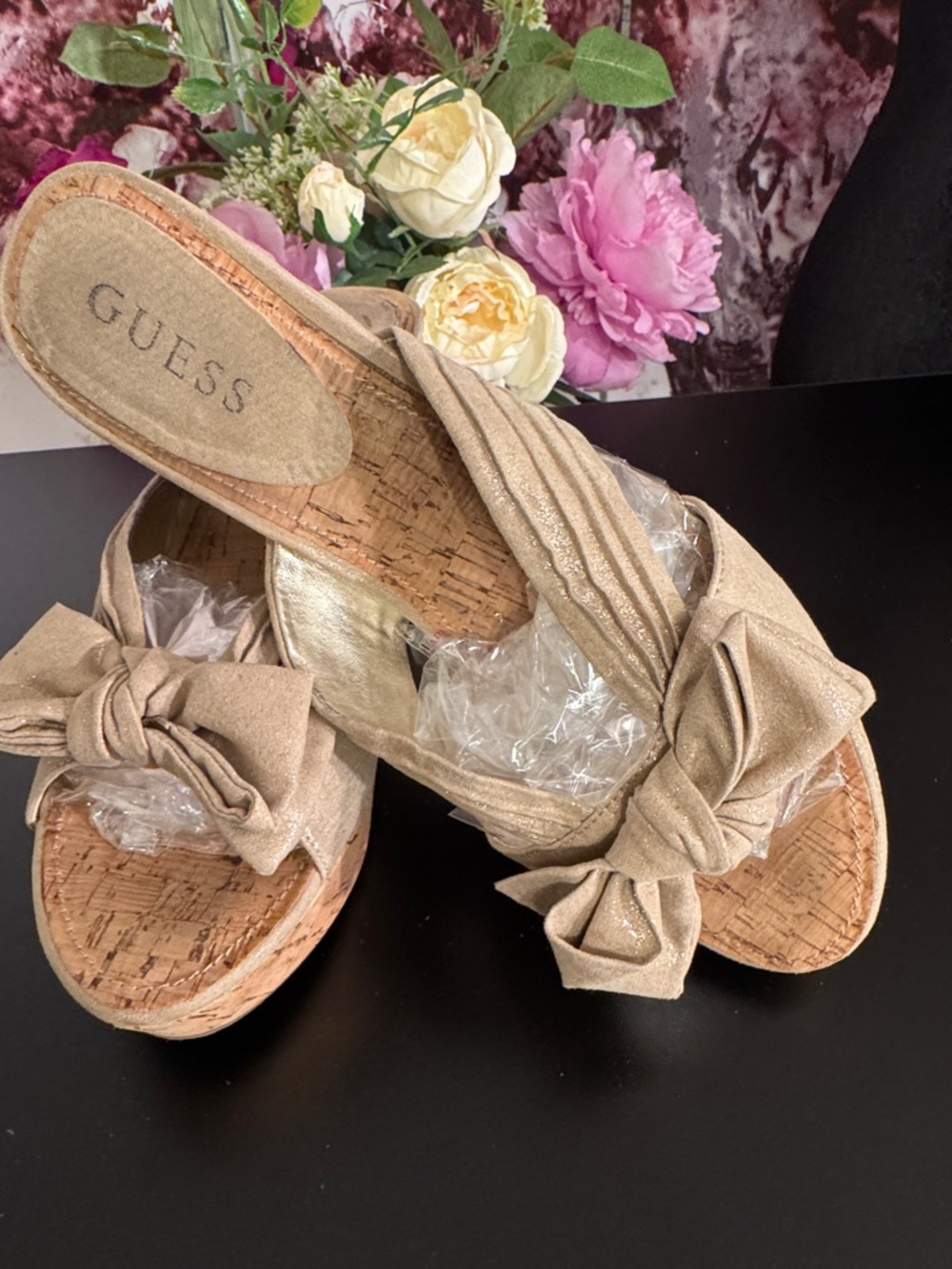 GUESS Metallic Gold Knot-Front Cork Wedge Mules